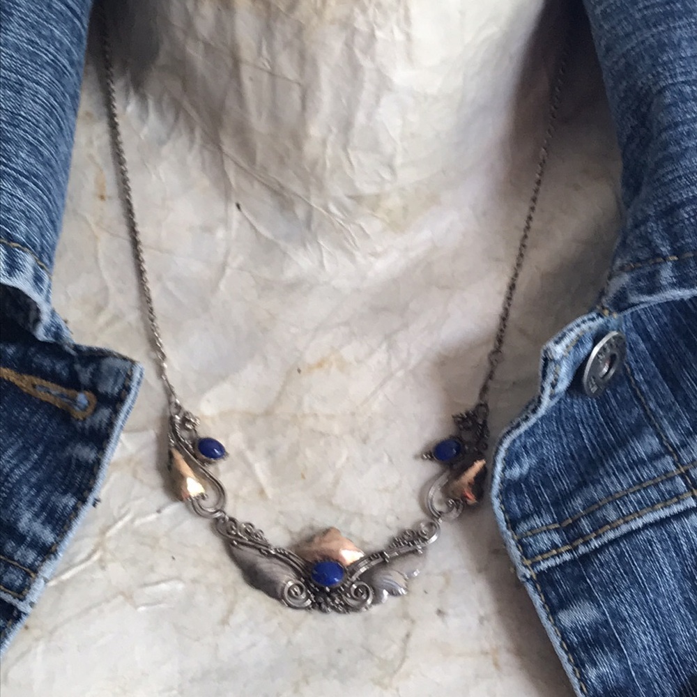 Antique Art Nouveau Sterling Silver and Gold-tone Lapis Necklace - Picture 3 of 10